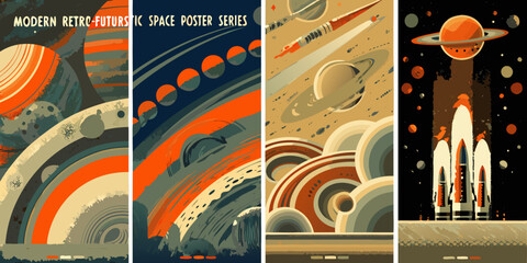 Retro futuristic space poster series depicting planets spacecraft and celestial bodies in a vector style © SreemotiAroti