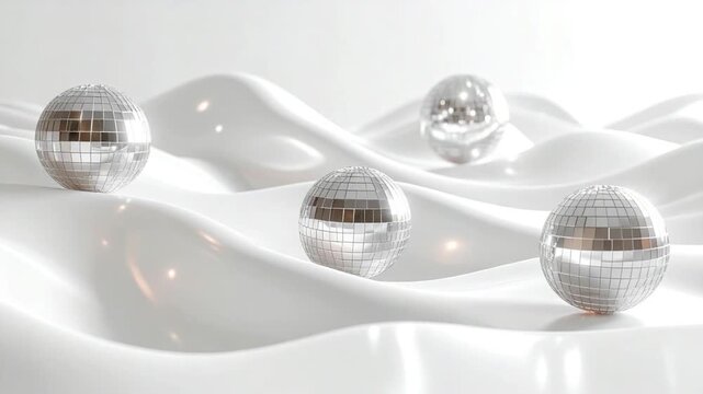 Four disco balls on white abstract wavy surface