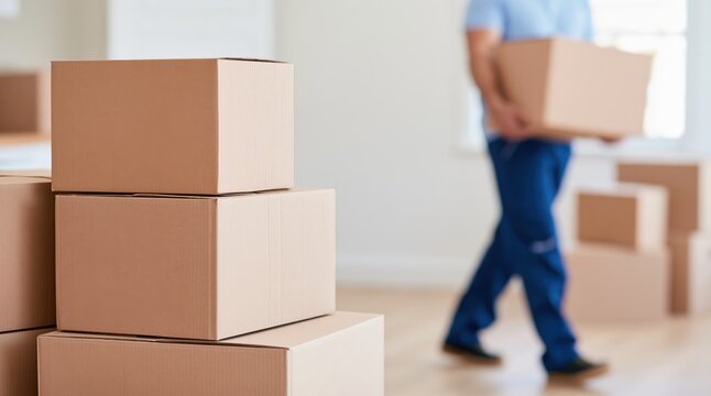 Stacked cardboard boxes in room with blurred mover carrying package in background