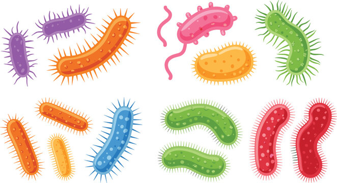 Colorful Bacteria Cartoon Collection Vector Illustration Featuring Diverse Microorganisms Microbes Pathogens and Bacterial Cells for Microbiology Science and Healthcare Education