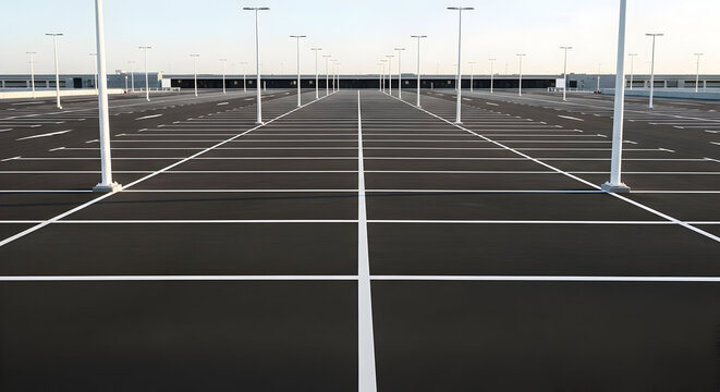 Wide Angle View of an Empty Urban Parking Lot with Geometric White Lines and Lamp Posts under Clear Sky
