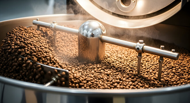 Coffee Beans Roasting Process in Large Industrial Machine with Steam and Aroma in a Modern Coffee Production Facility