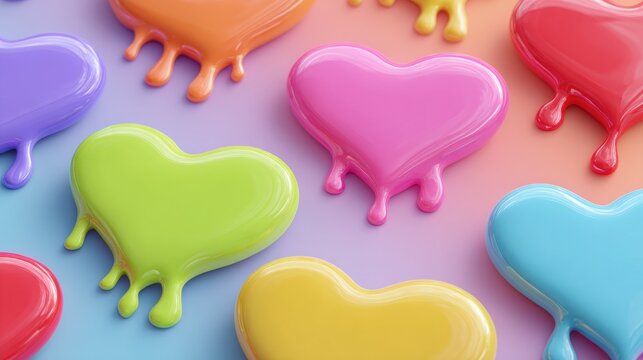 Cute, glossy heart stickers shaped from clay, dripping design and bright candy colors for love theme