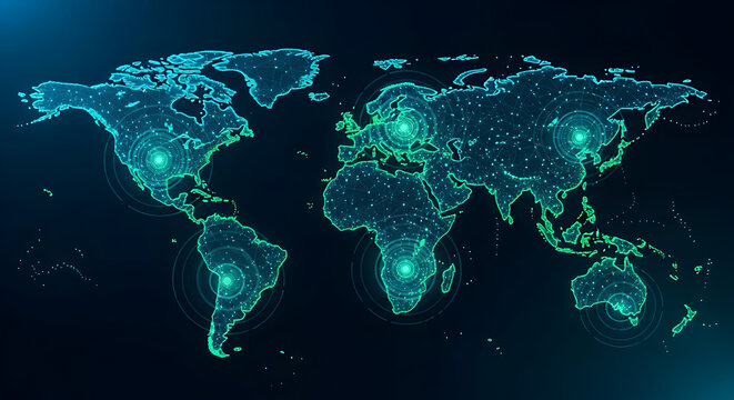 Digital World Map Visualization with Geometric Patterns and Connections Across Continents Evoking Global Networking and Technological Interactions in Bluish Green Tones