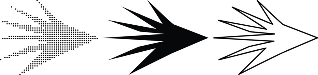 Arrow burst icon. Sharp pointed arrow with feather symbol design. Simple pictogram for speed, direction, energy, movement and dynamic action service. © Azizul