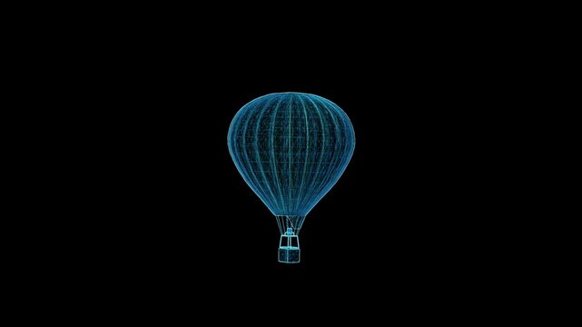 Minimal cyan neon line-art hot air balloon floating against a dark background, combining travel, adventure and futuristic digital illustration.
