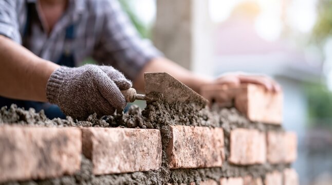 bricklayer using trowel to apply mortar on red brick wall