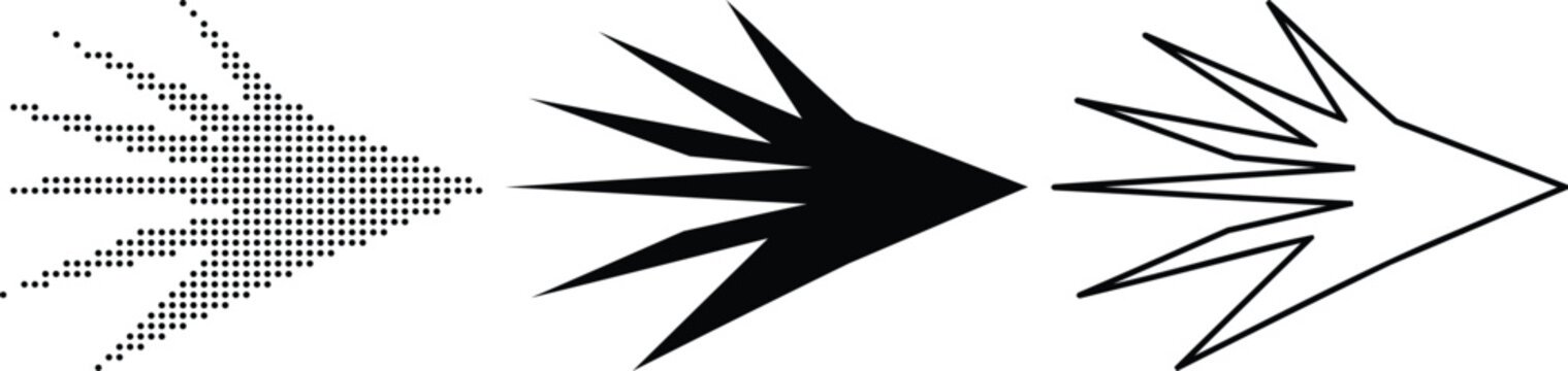 Arrow burst icon. Sharp pointed arrow with feather symbol design. Simple pictogram for speed, direction, energy, movement and dynamic action service.