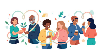 Fototapeta premium Diverse Group of People Interacting and Sharing Kindness Illustration.