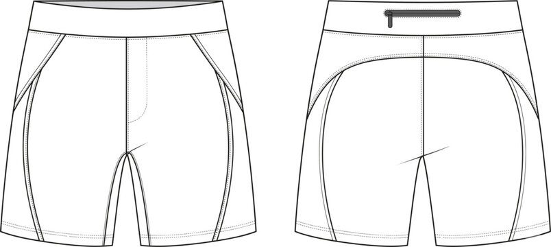 Running shorts flat sketch technical drawing vector template with wide waistband and back zipper pocket design