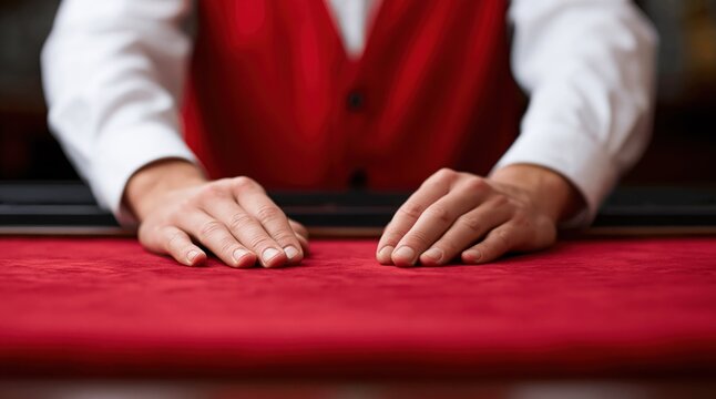 Hands of dealer resting on red velvet table in casino