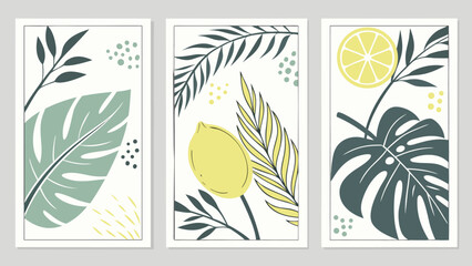Minimalist tropical leaf and lemon fruit wall art posters with botanical elements © Sadhin07