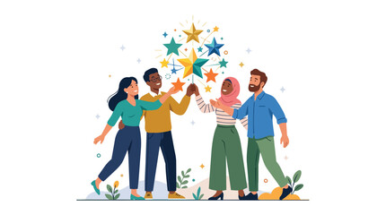 Fototapeta premium Diverse group of happy people celebrating success with floating stars.