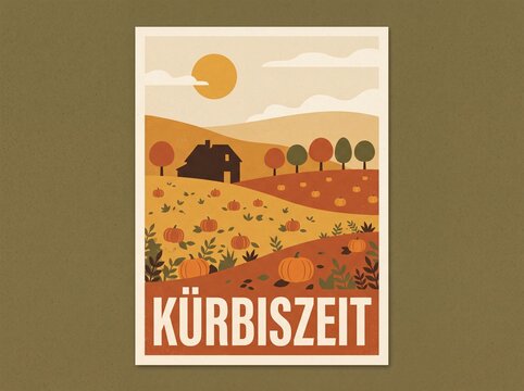 Retro Poster mit dem Schriftzug K&uuml;rbiszeit &uuml;ber einer herbstlichen Landschaft mit K&uuml;rbisfeld Bauernhaus und Sonne