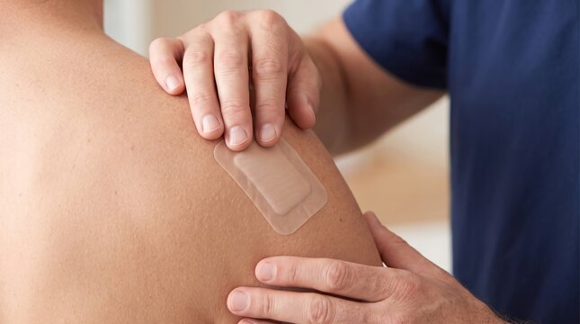 A healthcare professional or caregiver applies a translucent medical patch to a person's bare shoulder, possibly for pain management or medication delivery.