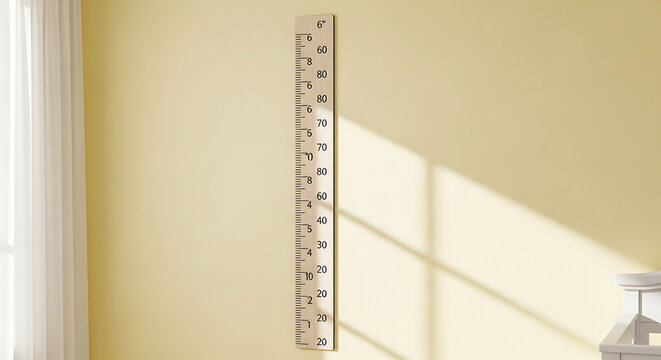 Height measurement chart on wall with inches and centimeters mockup, blank spaces for text