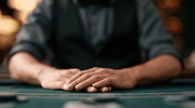 Croupier hands resting on green felt gambling table