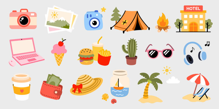 Summer Vacation Travel Element Set in Hand Drawn Flat Cartoon Style with Camping, Beach, Food, Hotel and Holiday Essentials