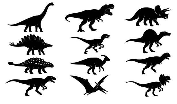 Dinosaur Silhouette Vector Set of Prehistoric Animals Isolated on White
