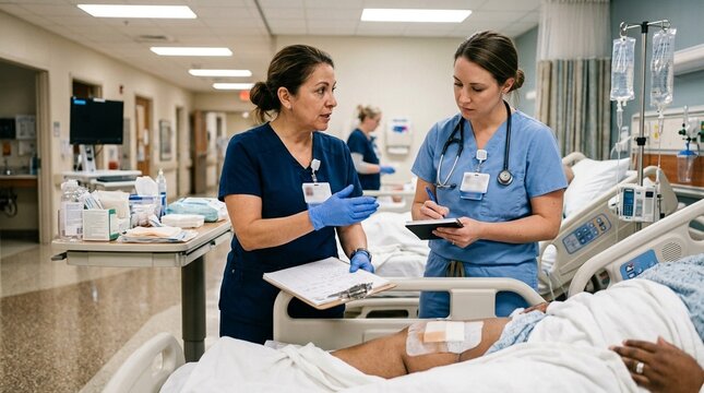 Same-day-surgery nurse handoff discussing wound-care instructions with a colleague at a shared desk