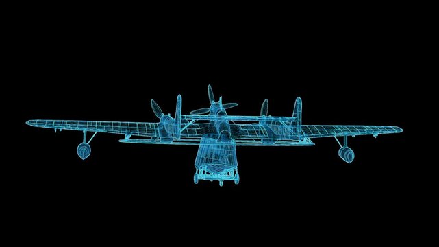 Detailed 3D HUD wireframe attack aircraft with 360-degree rotation, futuristic holographic blueprint for aviation and military visualization.