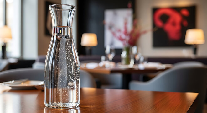 Elegant water carafe on wooden table in modern restaurant setting mockup, blank spaces for text