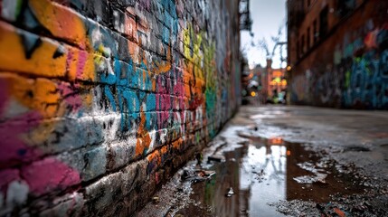 Fototapeta premium Colorful street art on a weathered brick wall for dramatic urban scenes