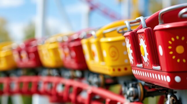 Colorful roller coaster cars on track in amusement park