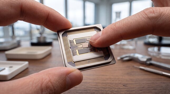 Engineer holding microprocessor chip on desk with tools with displays close view hands holding close up manufacturing semiconductor technological electronics engineering intelligent