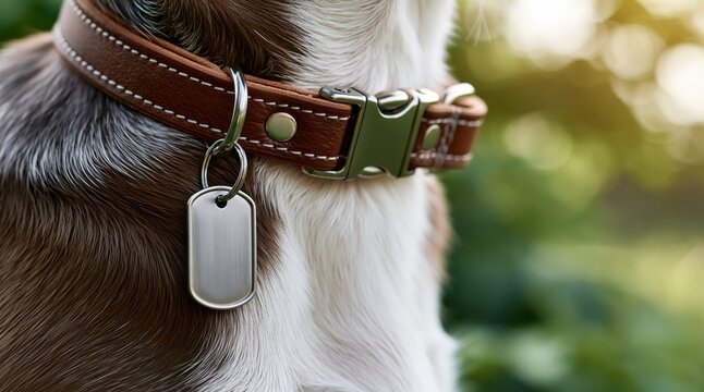 Brown leather dog collar with blank metal tag and silver buckle