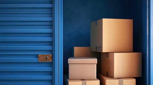 Blue self storage unit door open showing stacked cardboard boxes
