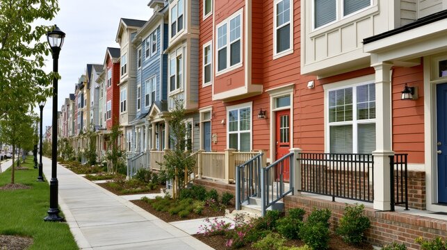 A row of colorful townhouses with a sidewalk in front and a green lawn in the background.