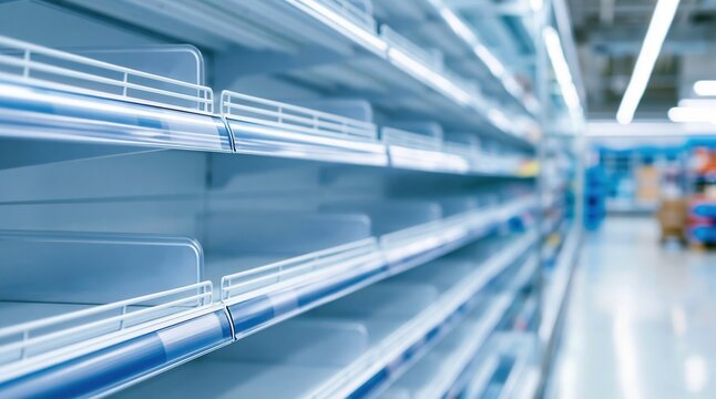 Empty retail shelves in supermarket aisle