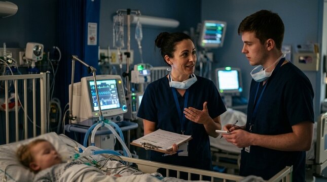 Pediatric intensive care handoff between nurses near a ventilator sized for a small child
