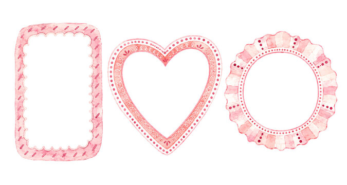 Set of three watercolor frames, rectangle, heart, and circle shapes.