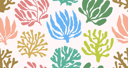 Corals, algae and seaweeds, seamless pattern design. Endless marine background, sea plants. Repeating print, texture. Abstract nature backdrop. Printable flat vector illustration for wrapping, textile © Good Studio