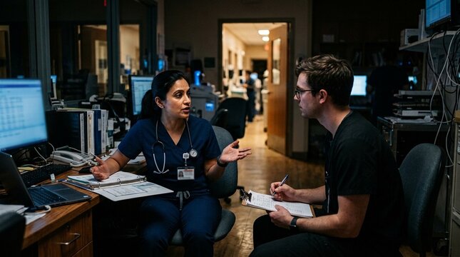 ICU fellow physician giving a verbal handoff to the night-float physician in a dimly lit workroom