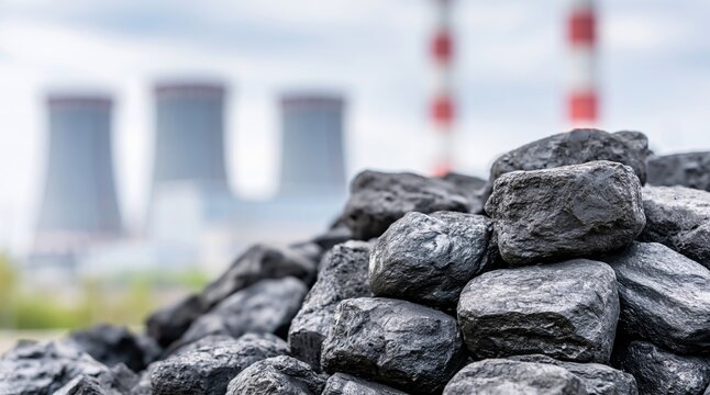 Pile of coal in front of blurred power plant