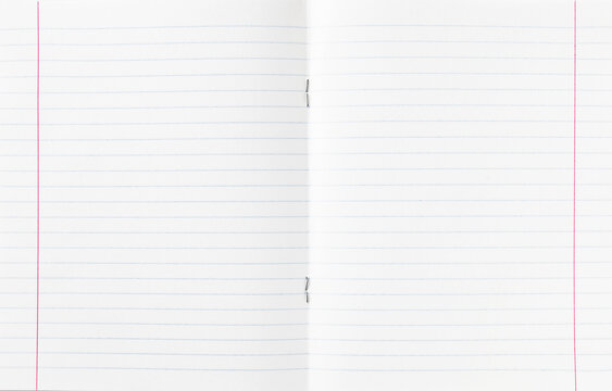 Open blank lined notebook with blue rules, red margins and center fold, clean paper background for online learning, study at home, homework, writing practice, worksheets, planning, stationery