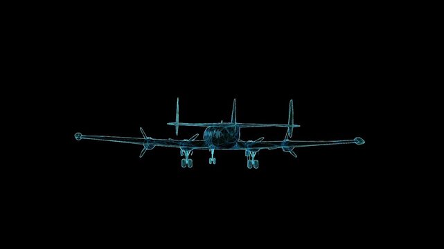 Detailed 3D HUD wireframe attack aircraft with 360-degree rotation, futuristic holographic blueprint for aviation and military visualization.