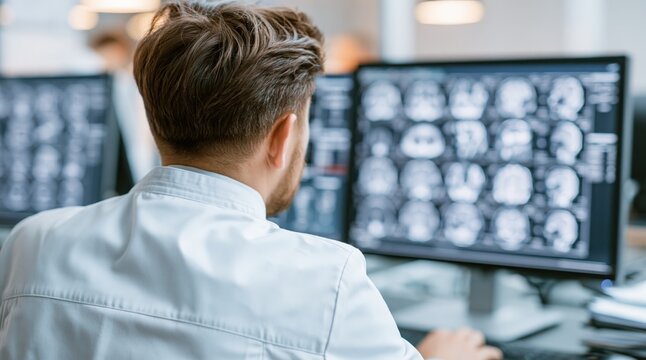 Male doctor looking at brain scan images on computer monitors in hospital office