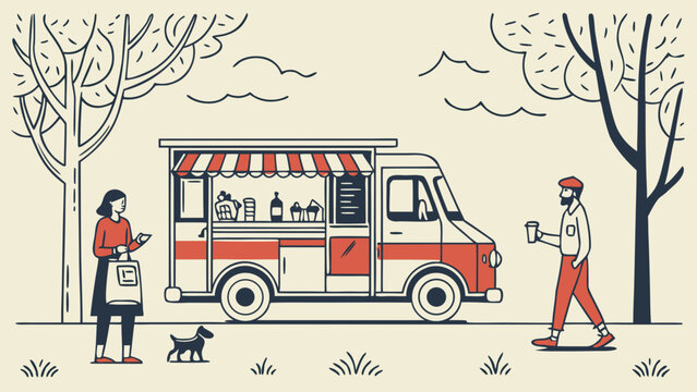 Street food truck serving customers in urban park, people ordering takeaway meals and drinks near mobile cafe surrounded by trees
