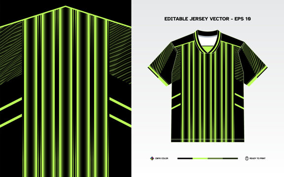 Black and neon green sports jersey design template featuring vertical gradient stripes with textured sleeve accents for soccer football club kit, activewear t-shirt mockup, and sublimation print