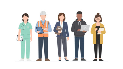Obraz premium Diverse professionals standing together, representing various careers and industries, showcasing teamwork and collaboration in the workplace