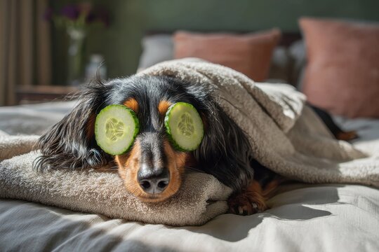 Charming dachshund enjoys cucumber facial spa in a bright room
