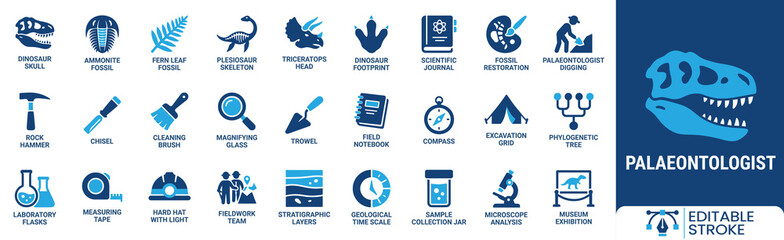Paleontologist icon set. Containing dinosaur skull, ammonite fossil, excavation tools, microscope analysis, fossil restoration and more. Solid vector icons collection © ToufikGlyph