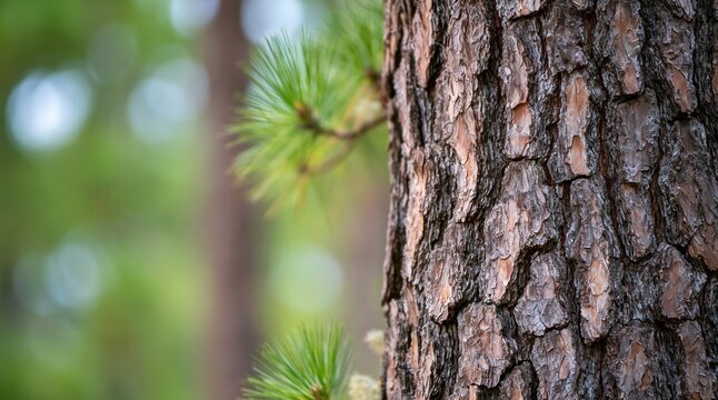 Close up of textured pine tree bark with blurred background and copy space