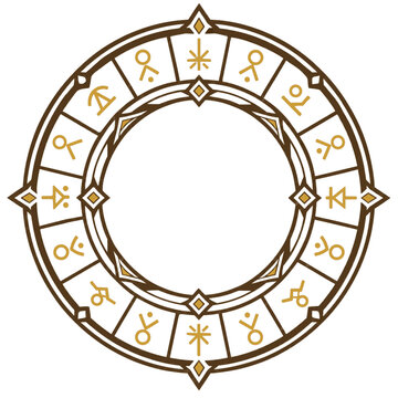 文字が刻まれたゴールドのルーン魔法陣フレーム / Gold Rune Magic Circle Frame with Inscribed Characters (Generative AI)
