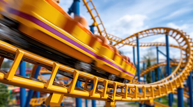 Yellow roller coaster train moving fast on track in amusement park