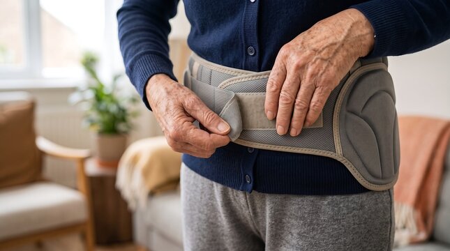 Elderly woman fastening a supportive back brace around her waist for pain relief and stability.